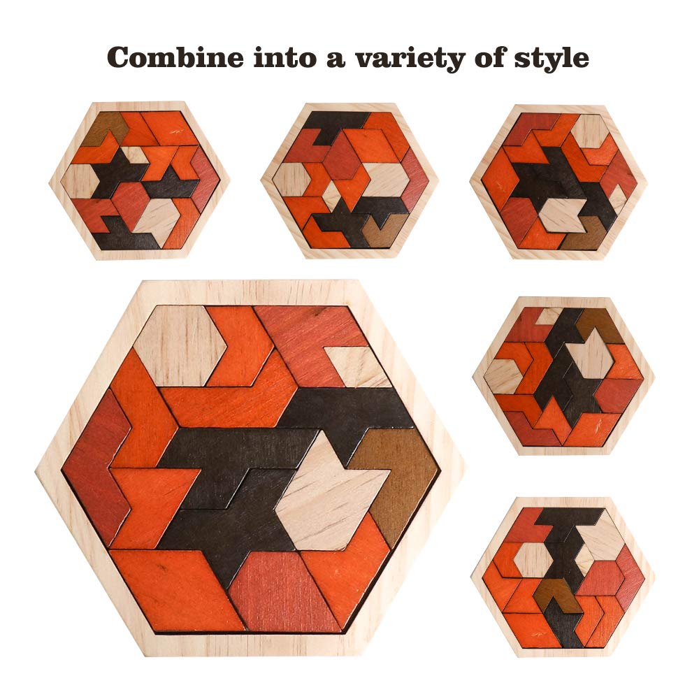 Skrtuan Wooden Puzzle Hexagon Tangram Puzzle for Kids Adults Brain Teasers Puzzles Game Challenge Toy Shape Pattern Block Tangram Family Portable