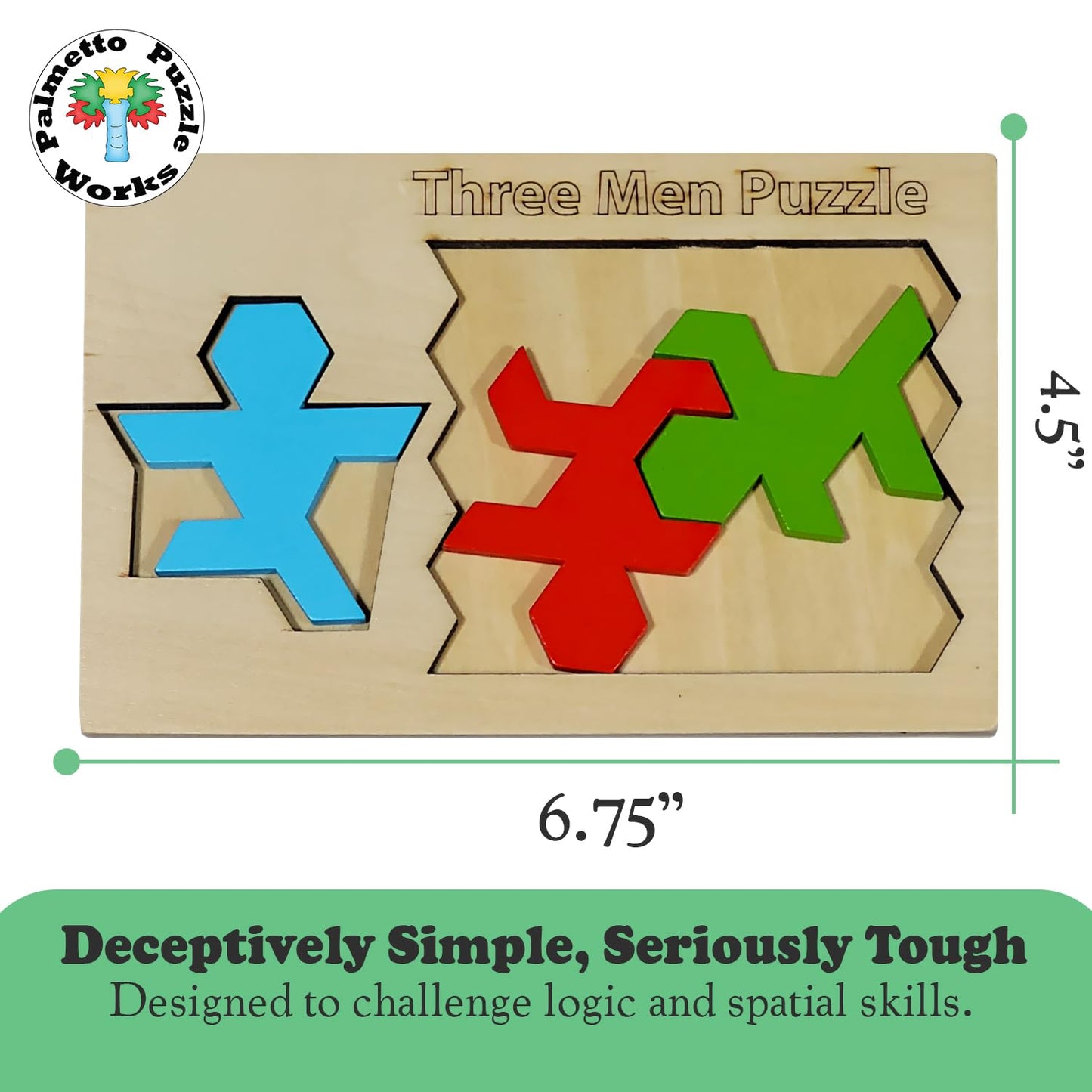 Palmetto Puzzle Works Three Men Wooden Brain Teaser Game Shape Challenge for Ages 14+ Educational Logic Game for Teens Adults STEM Wooden Puzzle Toy