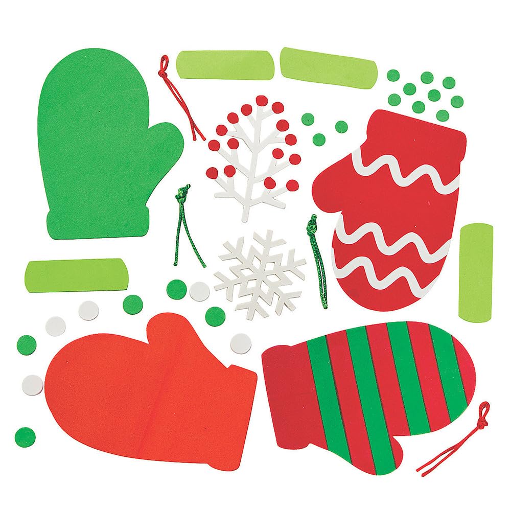 Fun Express 4 1/4" x 6" Mitten Christmas Ornament Red & Green Craft Kit - Makes 12