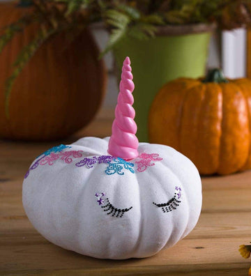 HearthSong 3-D Unicorn Pumpkin Decorating Kit - Halloween Arts and Crafts for Kids - Includes Pumpkin Paint, Jewel Designs, Screw in Horn