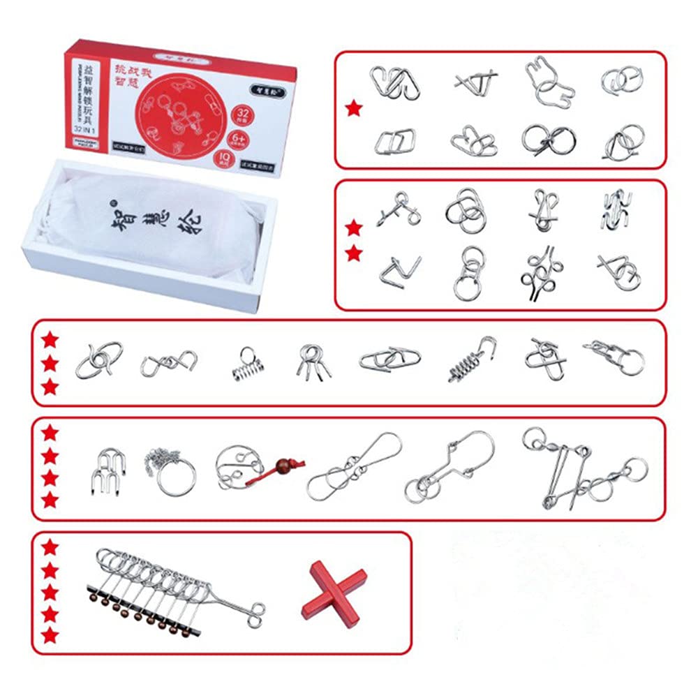 32 Brain Teasers Metal Wire IQ Puzzles,for Adult Children and Student Expanding Mind, Disentanglement Puzzle Unlock Interlock Toys Stocking Stuffers