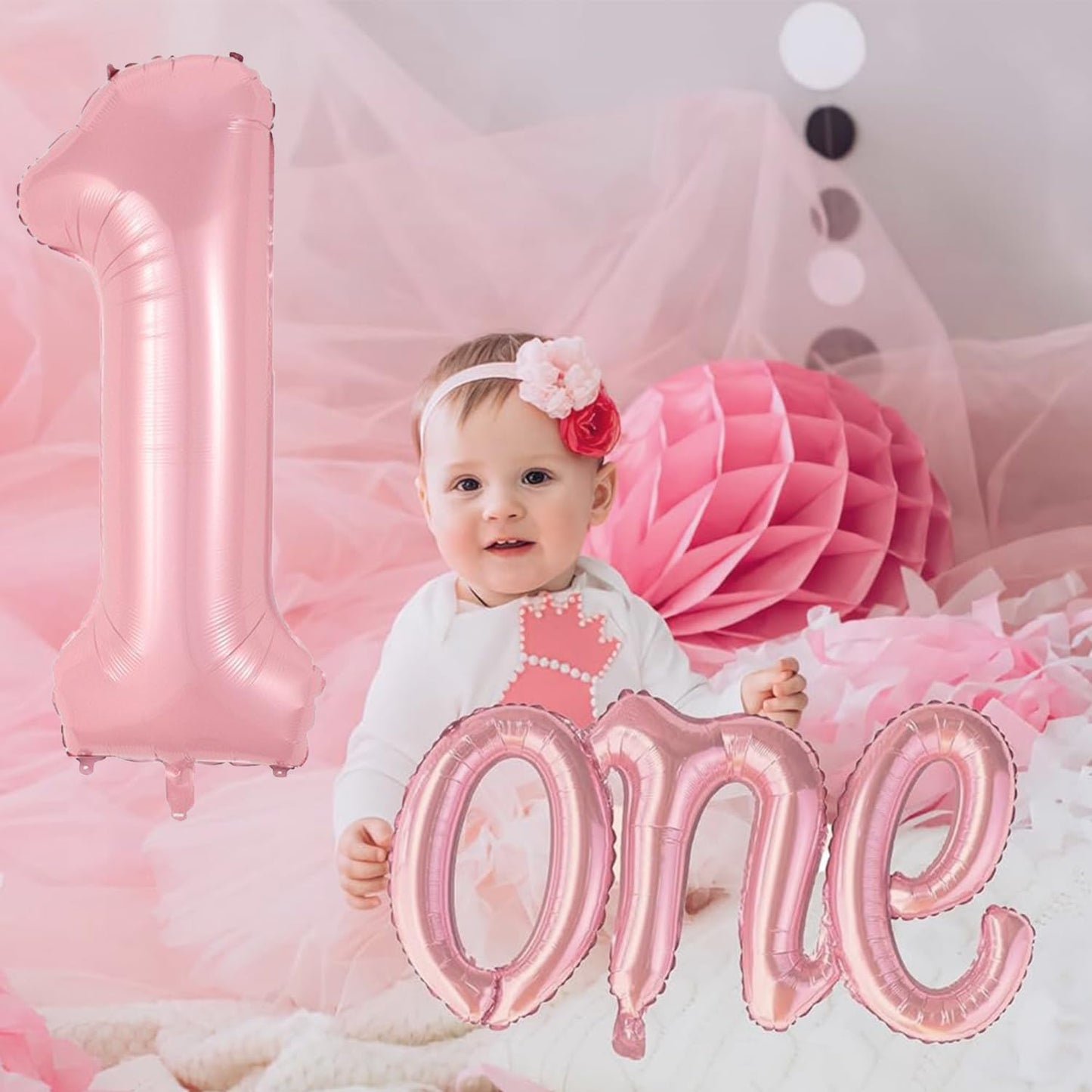 2 Pcs Large Light Pink Number 1 & Script Letter One Balloons