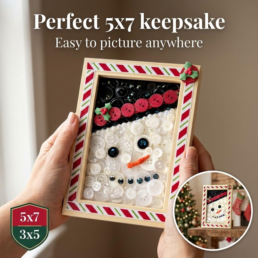 Buttons Galore & More Winter Snowman DIY Button Art Frame Kit, Natural Wood with Black White Buttons, 5x7 Inches, Holiday Wall Decor, Ages 6+