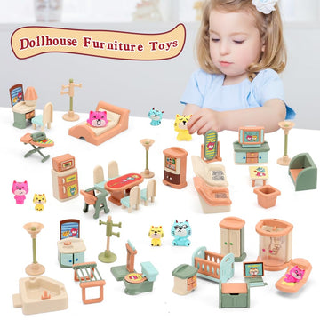 BananMelonBM 50 Pack Kids Little Dollhouse Furniture Set Toys House Big Dreams for Baby Children Girls Boys Age 3+,Miniature Accessories Educational