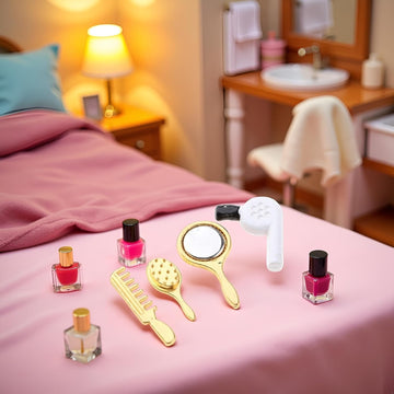 4Pcs Miniature Comb, Hair Dryer Mirror Makeup Set, 1:12 Scale Dollhouse Decorations Accessories