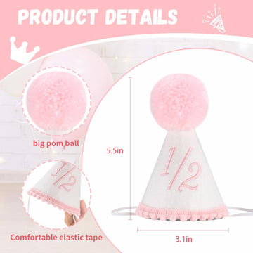 Kaniwati Girl 1/2 Birthday Party Crown, Pink half Hat,Half Birthday Embroidered Party Hat, Pink Girl Decoration (PINK-1/2-CXMZ)