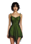 Dolls Kill Keep Shining Mini Dress by Current Mood - Sheer Mesh Overlay Dress with Handkerchief Hem for Playful Fashion - Green, X-Small