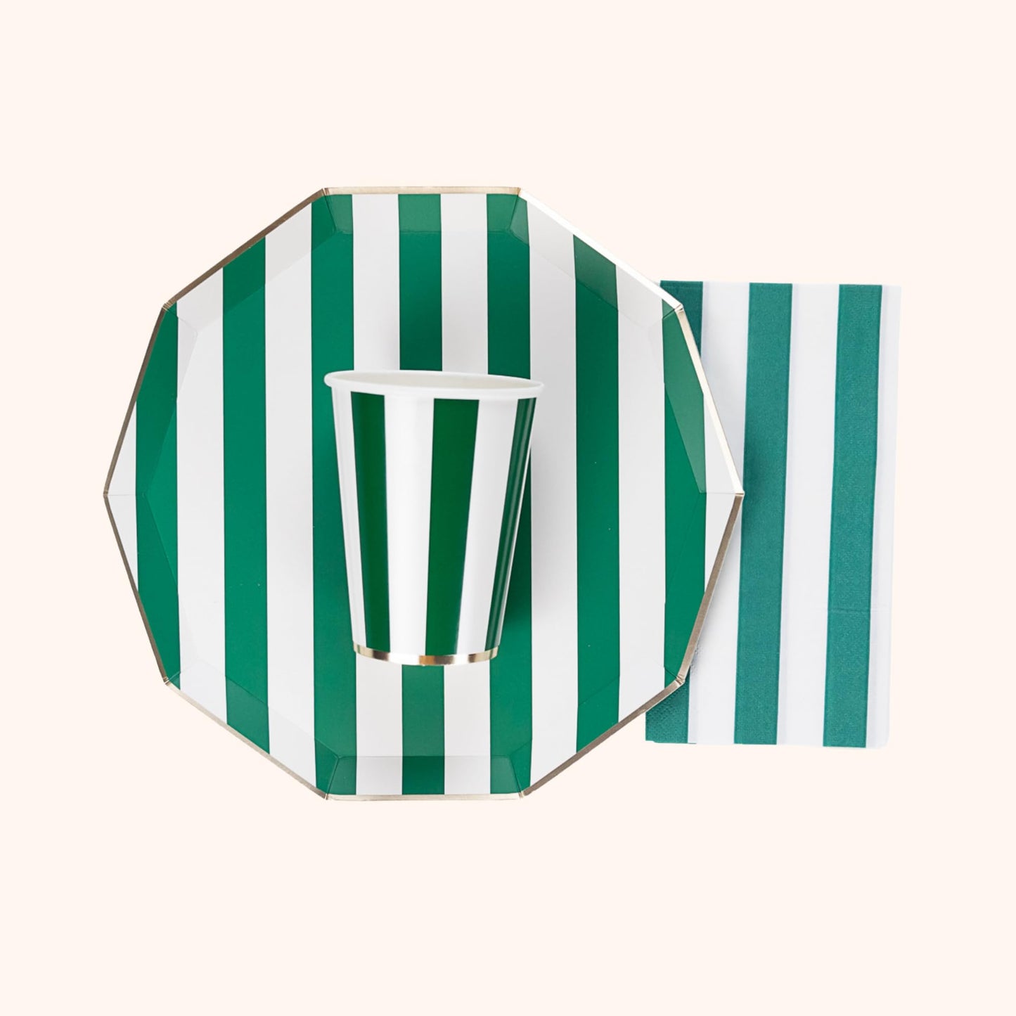 Bonjour Fête Green Cabana Stripe Paper Party Cups | Disposable Cups for Holidays, St. Patrick's Day, Christmas & Birthdays | Premium 12oz Party