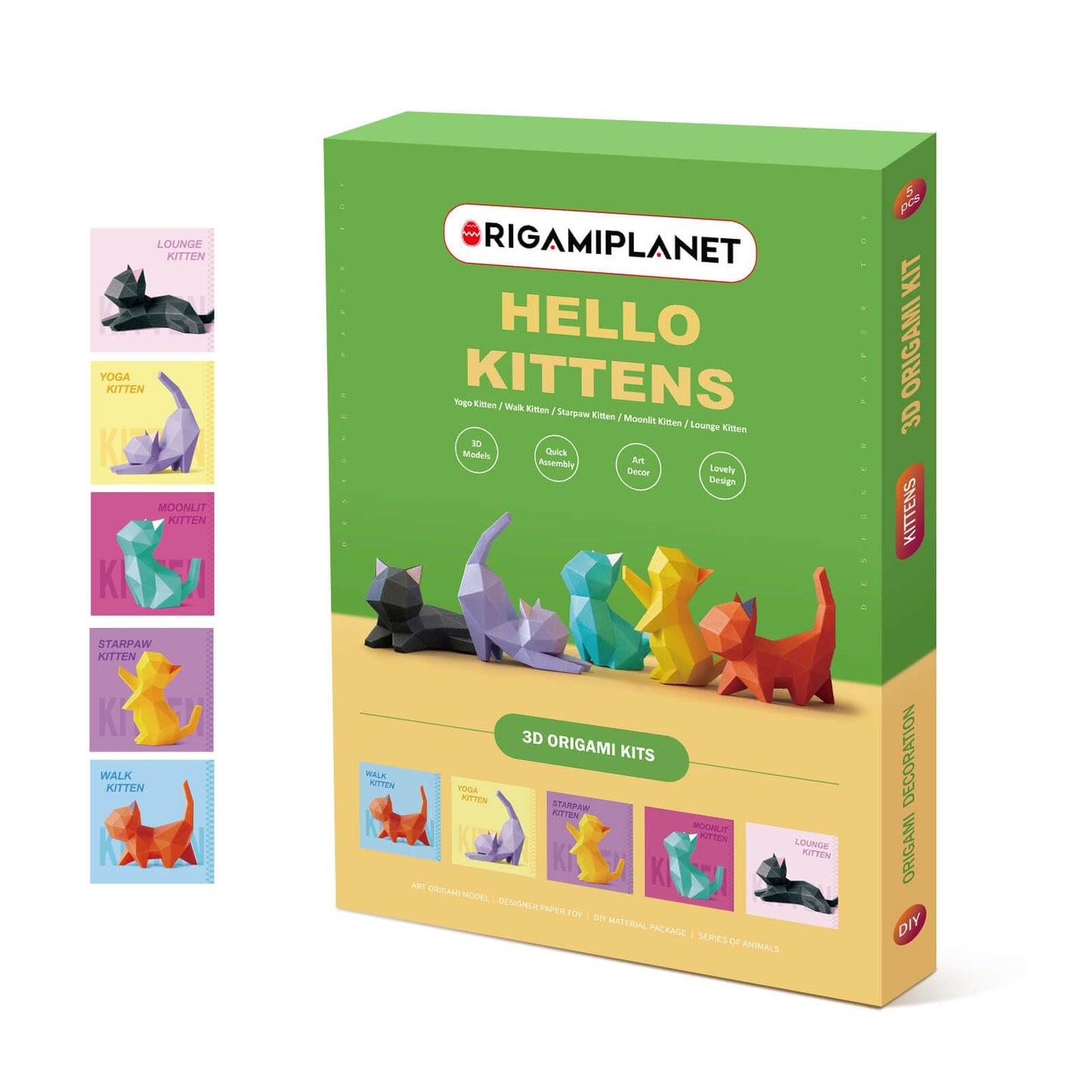 ORIGAMIPLANET Hello Kittens 3D Origami Paper Craft Gift Set-5 pcs, Cute Cat Pre-Cut Origami Kit, Animal Paper Sculpture Kit for Teens & Adults, Home