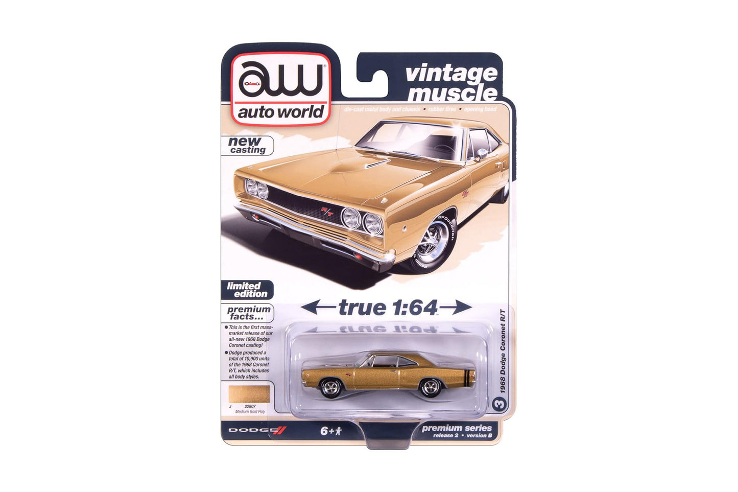 1968 R/T Medium Gold Metallic Vintage Muscle Series 1/64 Diecast Model Car by Auto World AWSP194B