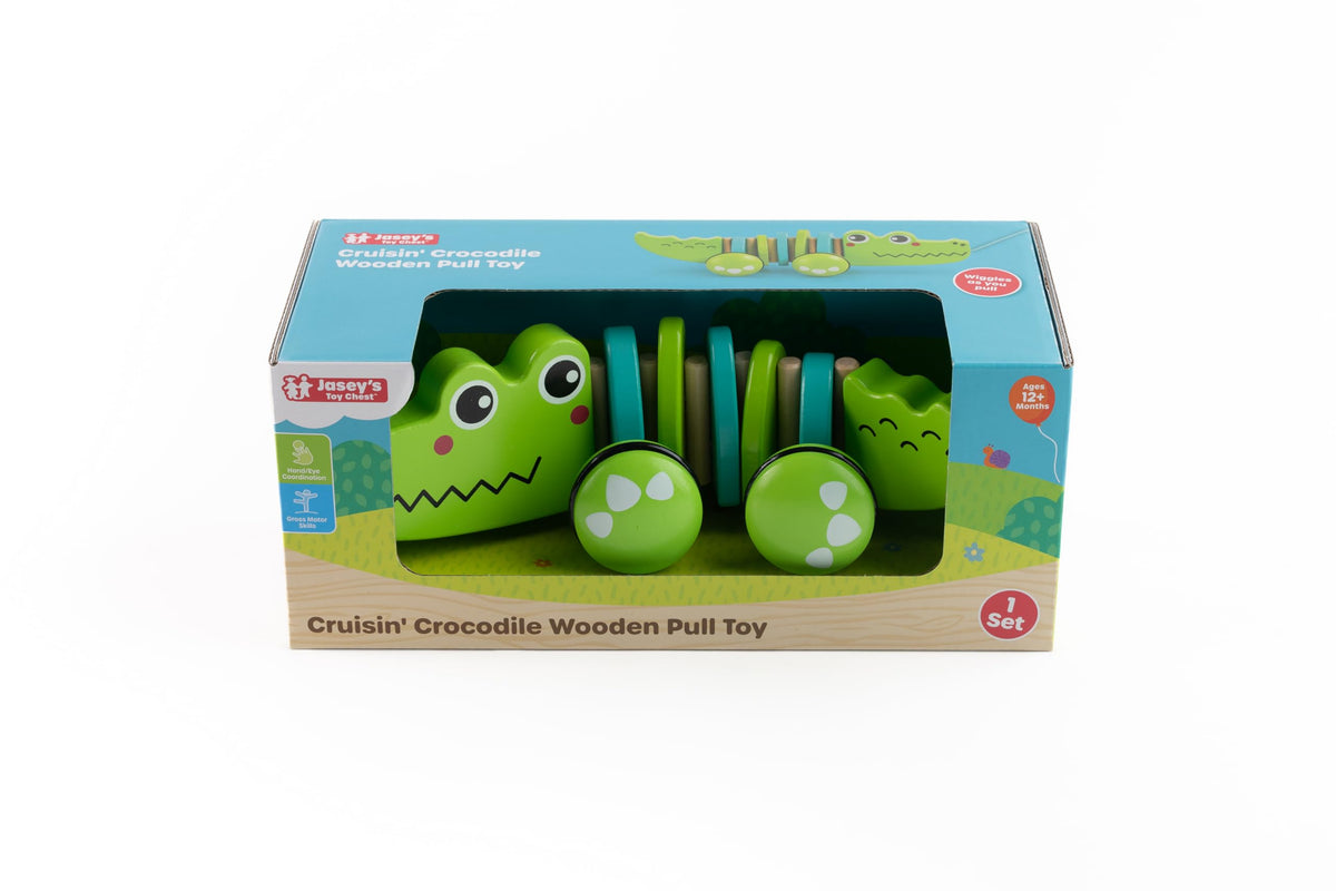 Jasey's Toy Chest Cruisin' Crocodile Wooden Pull Toy | Pull-Along Crocodile with Wiggly Zig-Zag Body, Chunky Wooden Wheels with Rubber Tread |