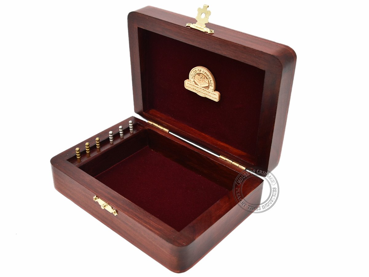 House of Cribbage - 2 Track - Wooden Cribbage Board / Box - Inlaid in Maple Wood / Bloodwood - Storage for Pegs & One Deck of Cards - 60 Points - Non