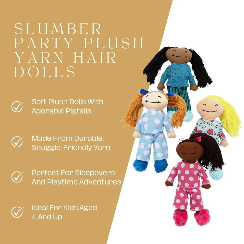 Fun Express Slumber Party Plush Yarn Hair Dolls with Groovy Hair - 4 Doll Set