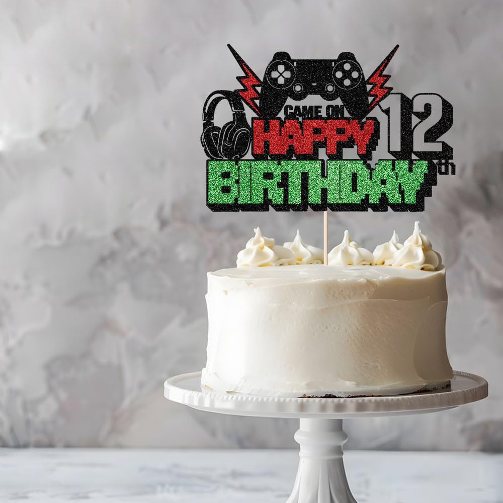 Video Game Happy 12th Birthday Cake Topper,Glitter Gaming Cake Decor,Perfect for Kids/Teens Video Game Theme Birthday Supplies,Boys 12th Birthday