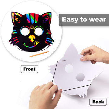 Animal Scratch Masks for Kids, 52 Pcs Rainbow Magic Scratch Paper Masks, DIY Animal Scratchs Paper Mask Art Set for Kids Birthday Party Favors