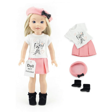 Emily Rose 14" Doll Parisian Outfit 5-PC - Pink Skirt, Paris Tee, Beret & Boots | Glitter Girls and Wellie Wishers Compatible | Gift Boxed | Doll NOT