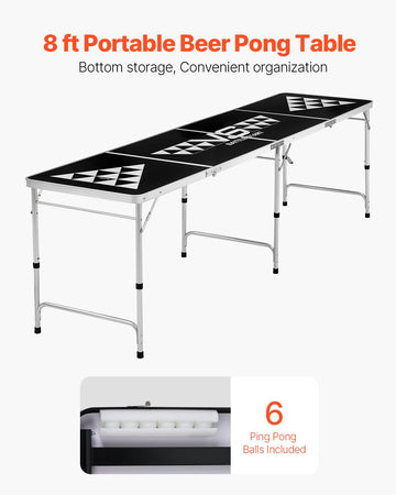 VEVOR 8 Foot Portable Beer Pong Table, Carrying Handles and 6 Pong Balls, Adjustable Height, Lightweight Table for Office, Tailgate Party, Travel