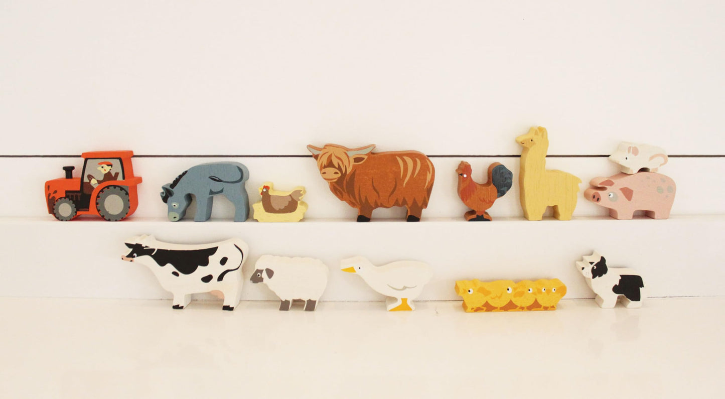 Tender Leaf Toys Farmyard Animals “ 13 Wooden Country Farm Figurines with a Display Shelf - Classic Toy for Pretend Play “ Develops Creative
