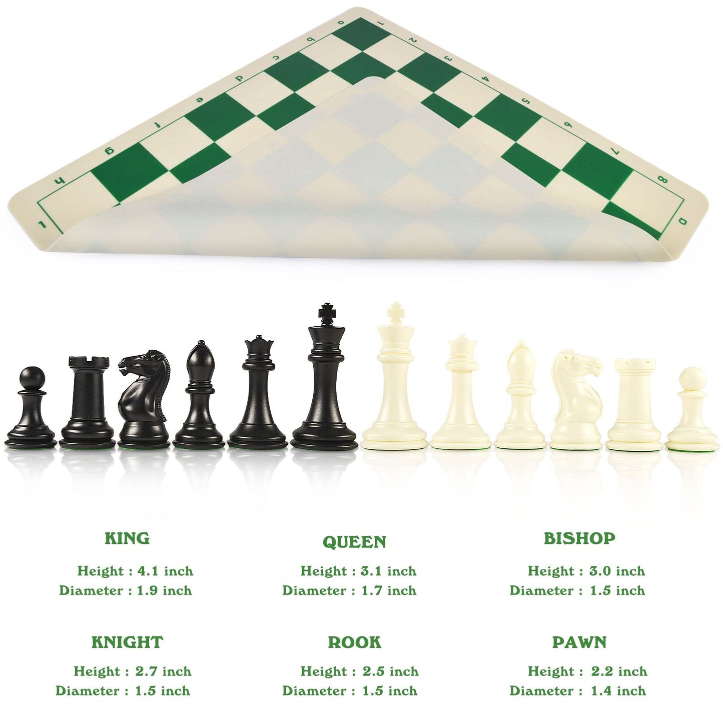 OUMODA 4" King Tournament Chess Set Foldable 20" Silicone Chess Board Mat with 2.2" Squares Green Color, Weighted Chess Pieces- 2 Extra Queens