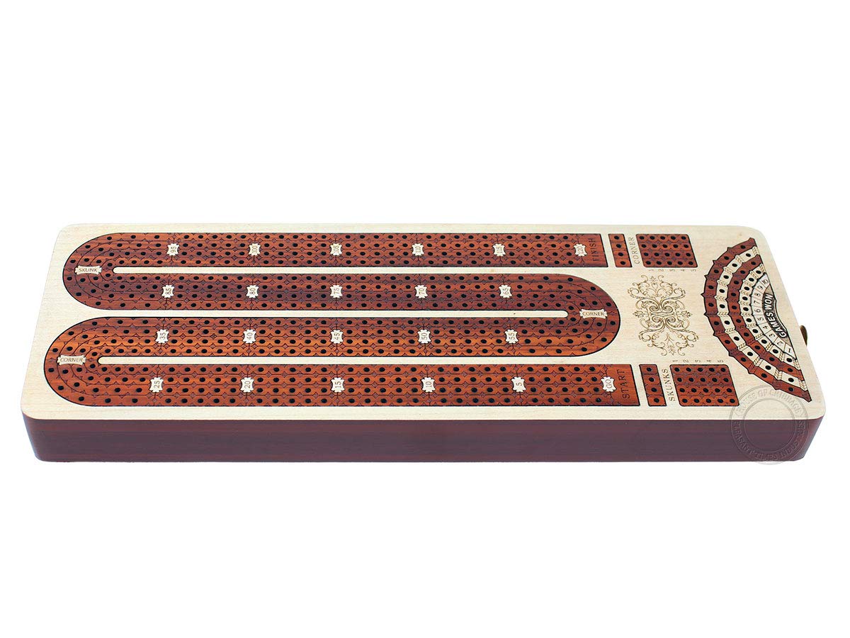 House of Cribbage - 4 Track Continuous Cribbage Board Inlaid in Bloodwood - Size: 13.5 Inches - Storage Drawer for Cribbage Pegs and Score Marking