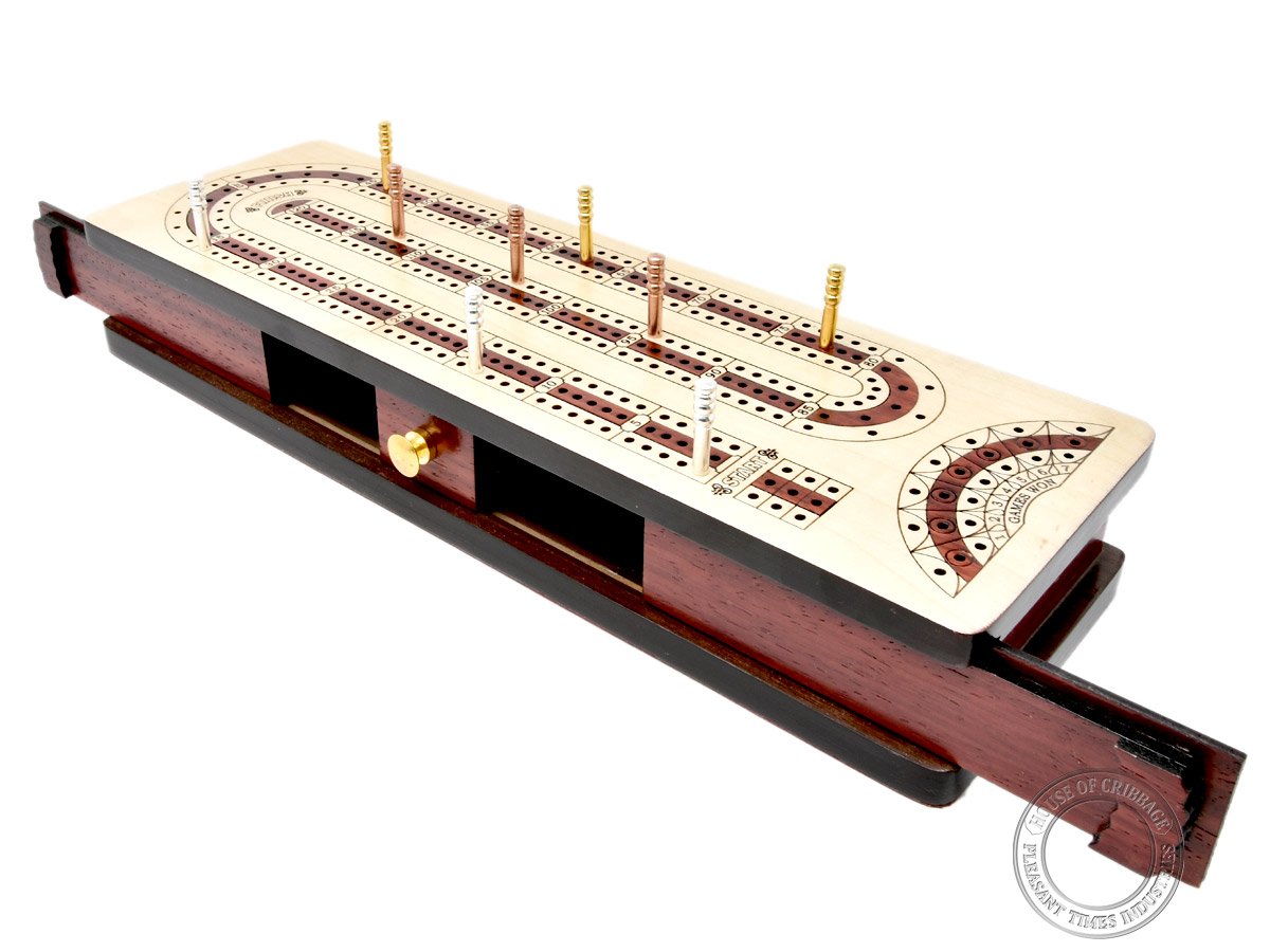 House of Cribbage - 3 Track - Continuous Cribbage Board Alphabet e Shape Inlaid in Maple Wood/Bloodwood : Size - 12.5" x 4" - Separate Storage Space