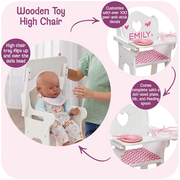 Badger Basket Chevron Doll High Chair with Plate, Bib, and Spoon - Ideal for Feeding 18-Inch Dolls in White and Pink