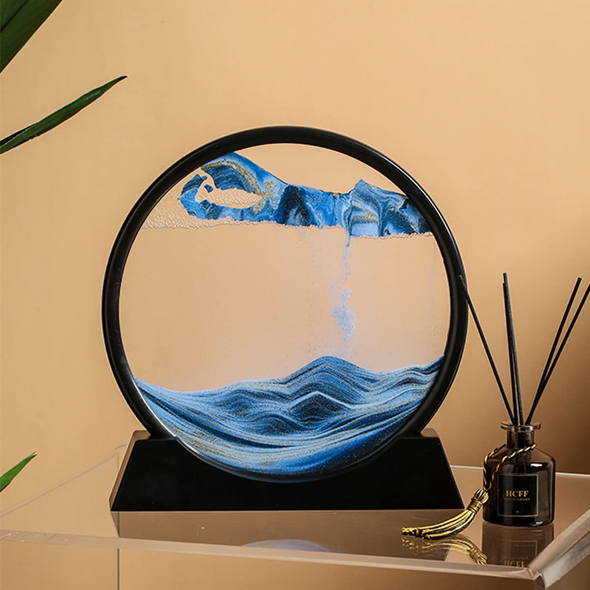 ANXUS Moving Sand Art Picture in Motion Round Glass 3D Deep Sea Sandscape Display Flowing Sand Frame, Sensory Relaxing Desktop Home Office Work Desk