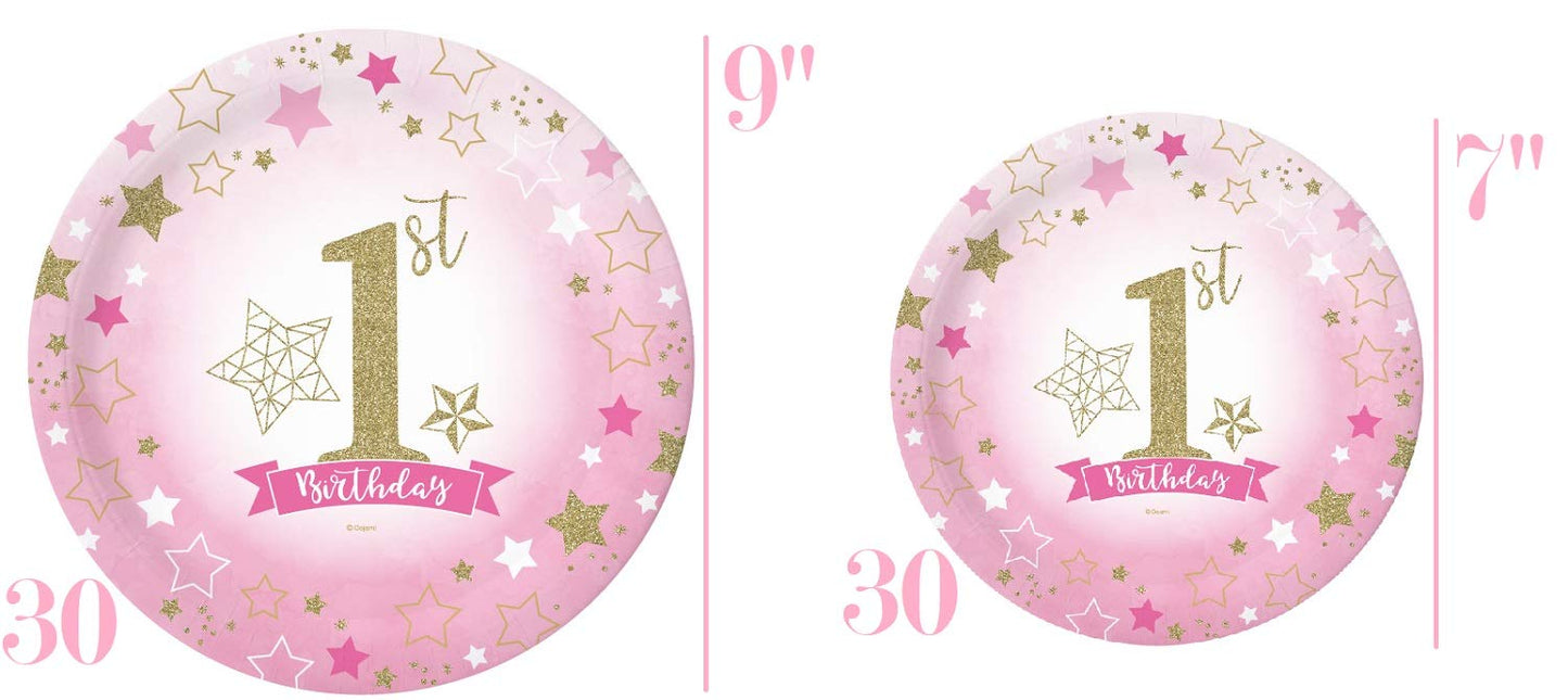 Oojami 1st Birthday Party Supplies for Girls - Serves 30, Plates, Cups, Napkins, Table Cover, Balloons, Banner, One Letter Balloon - First Birthday