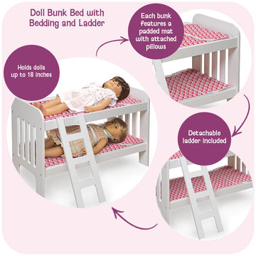 Badger Basket Chevron Doll Bunk Bed with Bedding, Ladder, and Padded Mats - Ideal for Dolls Up to 20 Inches in White and Pink