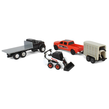 Agriculture 1/64 Bobcat 5 Piece Farm Set with Rollback, Livestock Trailer, Cow & Skid Loader 16503