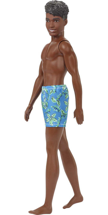 Barbie Ken Beach Doll, Black Hair, Blue Tropical Swim Trunks