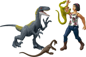 Mattel Jurassic World Camp Cretaceous Human & Dino Action Figure Pack with Sammy & Velociraptor Figures, Plus 2 Compys Smaller Dinosaurs, Collectible