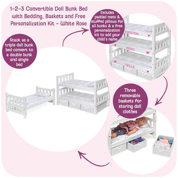 Badger Basket 1-2-3 Convertible Doll Bunk Bed with Bedding and Storage Baskets - Elegant White and Rose Design for 18 to 20-Inch Dolls