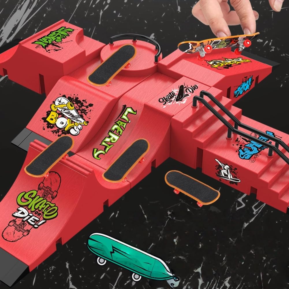 Fingerboard Skate Park Kit,Skateboard Finger Toys with 13 Pieces of Skateboards, Ramps, Skates, Scooters, Bikes and Caster Boards, Funny Mini Finger