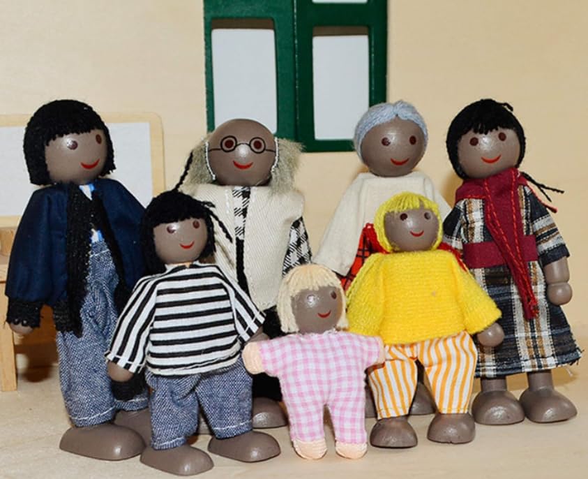 ERANCE 7 Pcs African American Wooden Dollhouse Family Set Dollhouse Dolls Family Role Play Pretend Play Figures