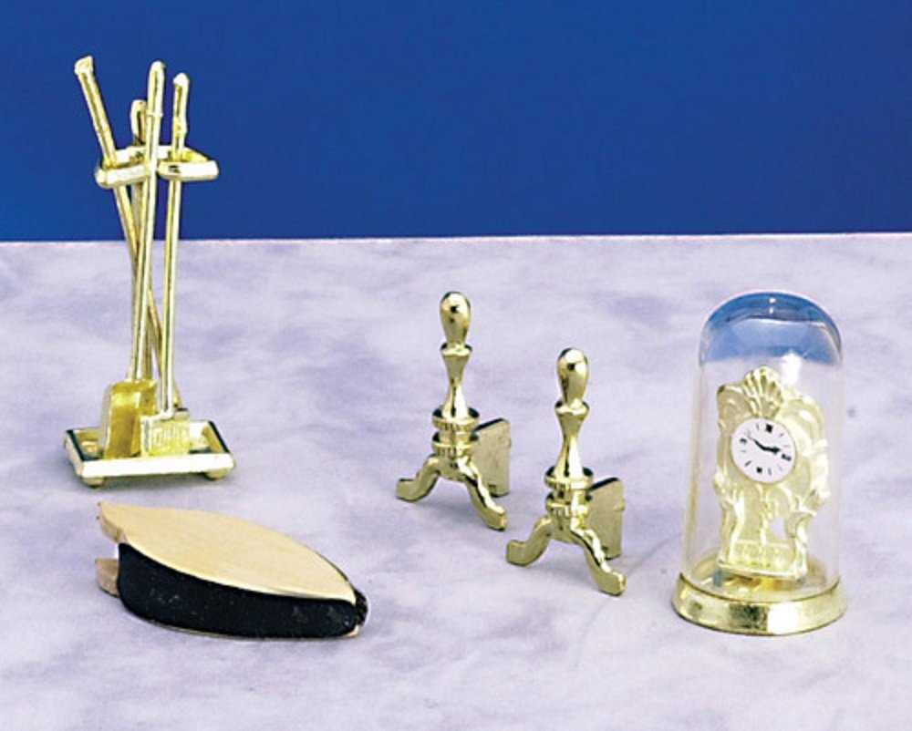Dollhouse Miniature 1:12 Scale Fireplace Accessories with Clock, 8 pc