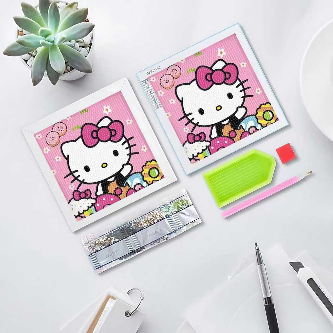 Hupalun Diamond Art Painting Kits for Kids, Kitty Diamond Art for Kids Ages 4-8-12, Hello Kitty Gem Kit Crafts Beginners with Frame for Gift Home Wall