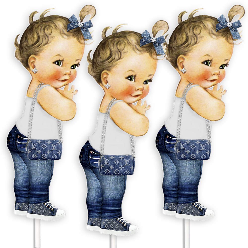 Denim Baby Shower Decorations, Set of 3 Table Centerpieces, Birthday Decor, Blond Girl