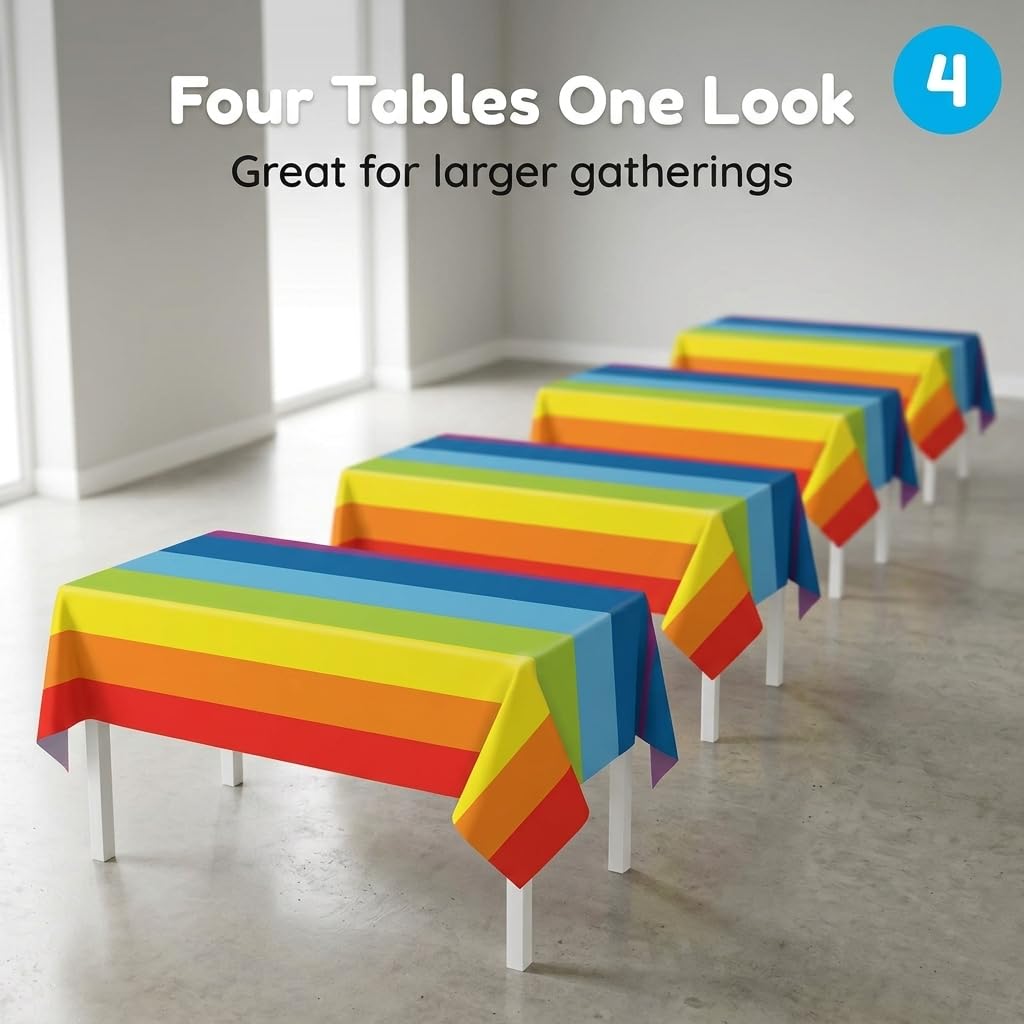 Oojami 4 Pack Rainbow Tablecloths 54 x 108 Inch - Disposable Plastic Table Covers for Birthday Party, Baby Shower, Carnival, Rectangle Table, Colorful