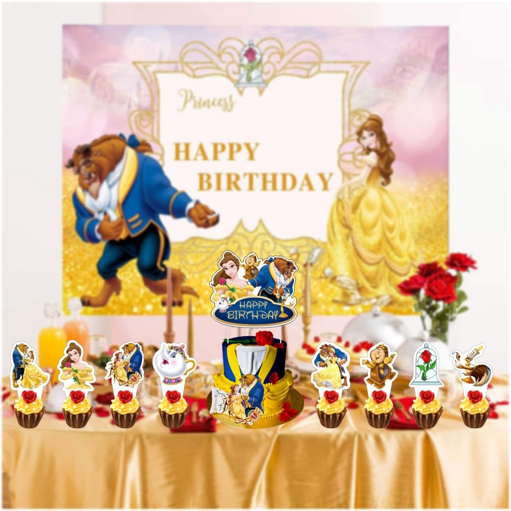 25Pcs Beauty & Beast Cake Decorations with 24pcs Cupcake Toppers 1pcs Cake Topper for Girls Birthday Party Supplies