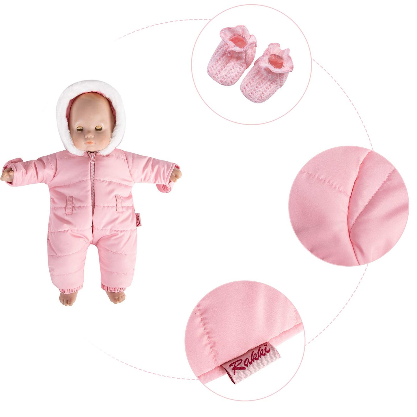 Rakki Dolli Doll Clothes Winter Romper Hooded Romper Outfit Snowsuit Warm Faux Fur Jumpsuit Fits 16" American Girl Doll (Pink Romper with Socks)