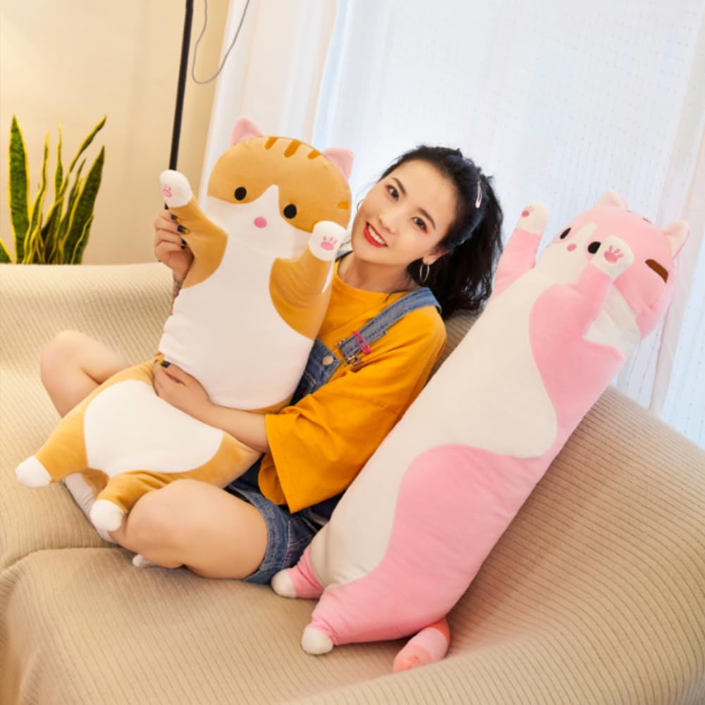 OPHRBU Long Plush cat Pillow, Soft and Cosy, Suitable for Birthday, Party, 1 Piece (27.5Inch, Pink)
