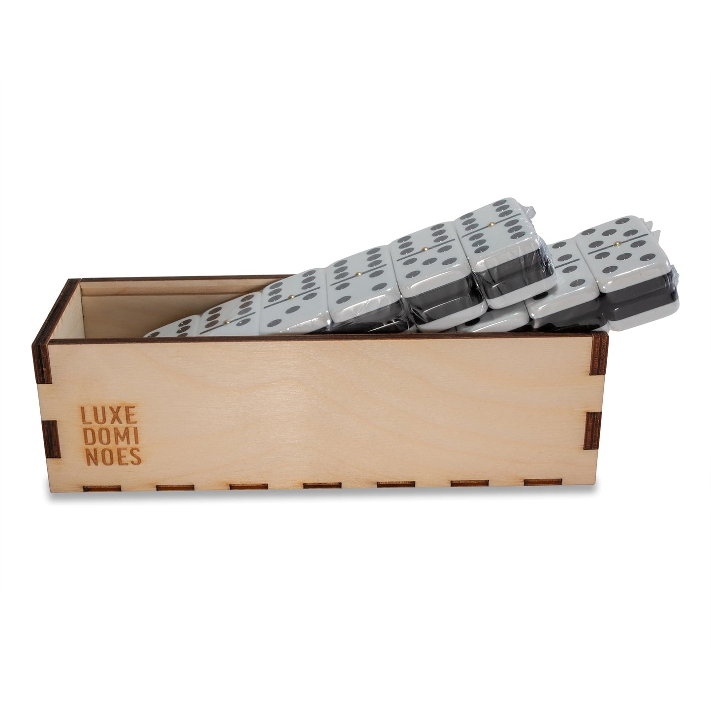 Deluxe Modern Domino Set Double Six, with Jumbo Sized Tournament Dominoes Black and White Two Toned with Spinner (Rivets) in Wood Box with Acrylic Top