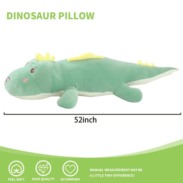 Tianmihou 52 Inch Giant Dinosaur Plush Pillow, Jumbo Green Dinosaur Stuffed Animal, Soft Long Dino Body Pillow for Kids Boys Girls, Huge Dinosaur