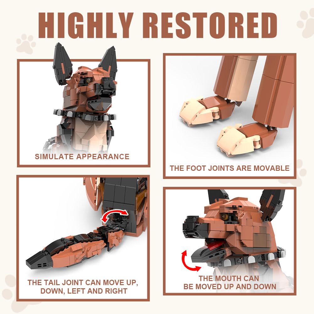 German Shepherd Dog Building Set,Movable Ears,Tail,Legs,Dog Building Block for Adults Kids,Boys and Girls,1235 pcs Animals Creator Building-Bricks