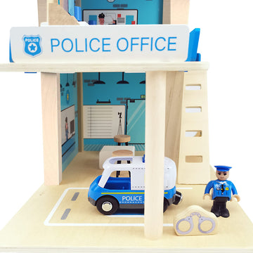 Wooden Police Station Playset Toy, Multicolor 3-Level Pretend Play Dollhouse Set with Figures, Car, Helicopter and Accessories, Preschool Learning