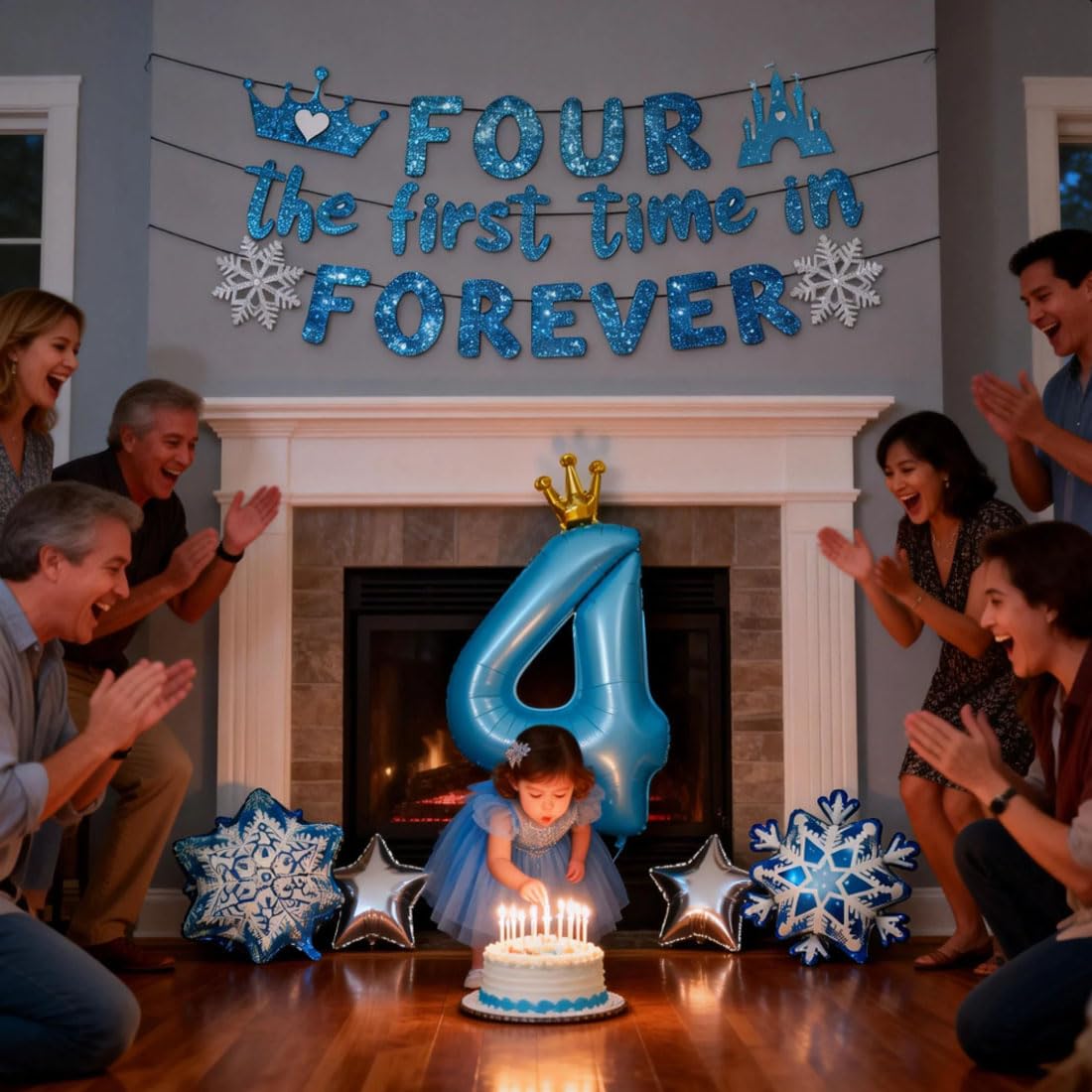 Four the First Time in Forever Banner Foil Balloons 4 year old for 4th Birthday Party Supplies Snowflake Birthday Decors Birthday Party Favors Blue