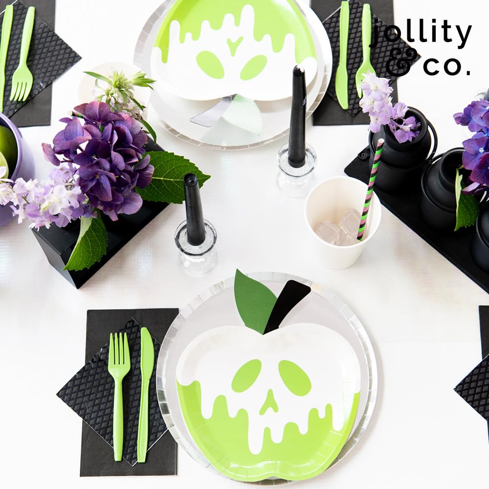 Jollity & Co Poison Apple Halloween Dessert Plates - Bright Green Paper Plates with White Foil - Pack of 8 Party Plates - Birthday Plates for Fall