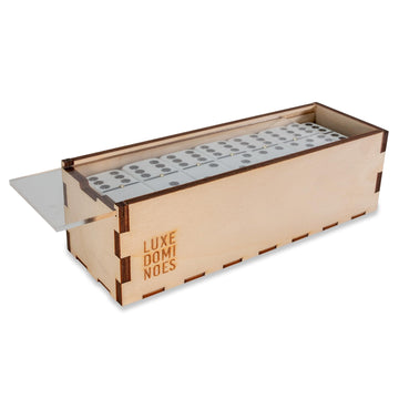 Deluxe Modern Domino Set Double Six, with Jumbo Sized Tournament Dominoes Black and White Two Toned with Spinner (Rivets) in Wood Box with Acrylic Top
