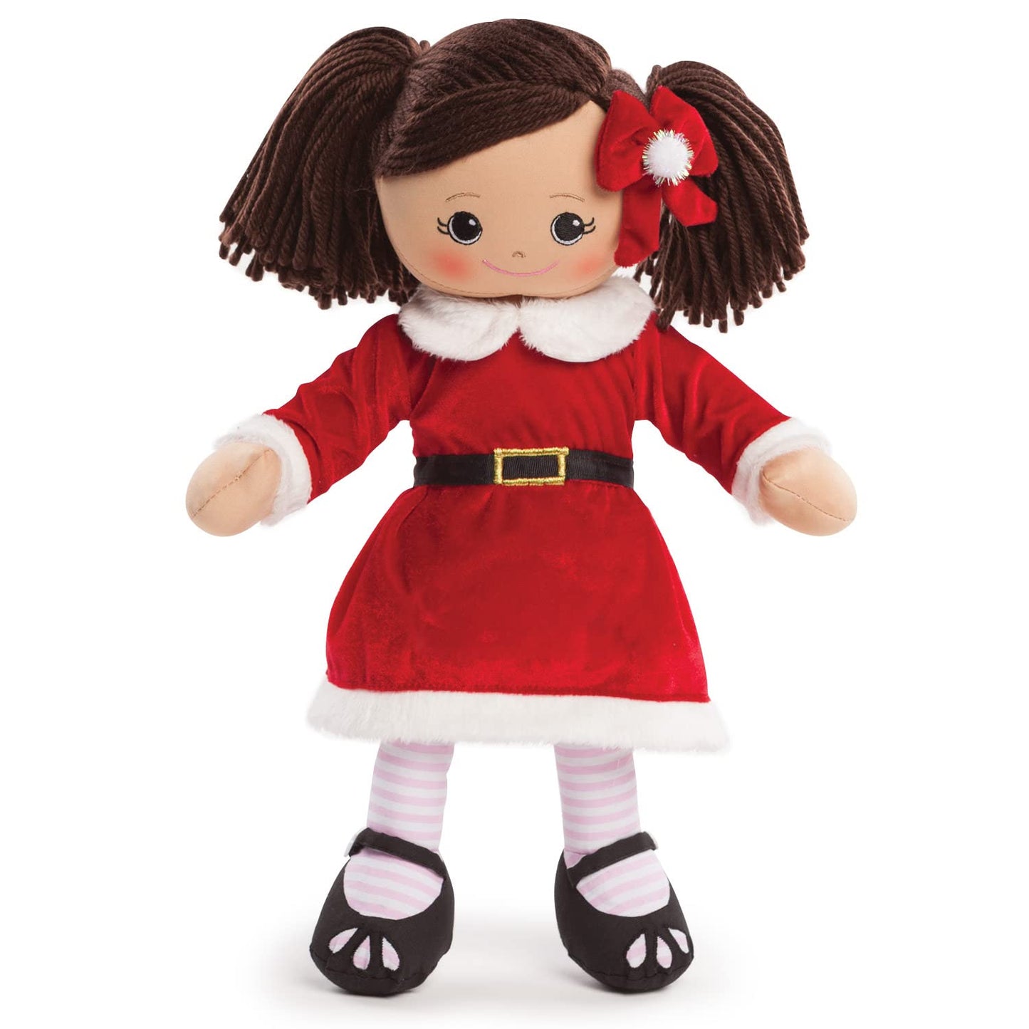 Personalized Planet Rag Doll with Custom Name Embroidered | Hispanic Girl Dressed in Santa Skirt with Stripped Stockings | Brown Hair with Removable